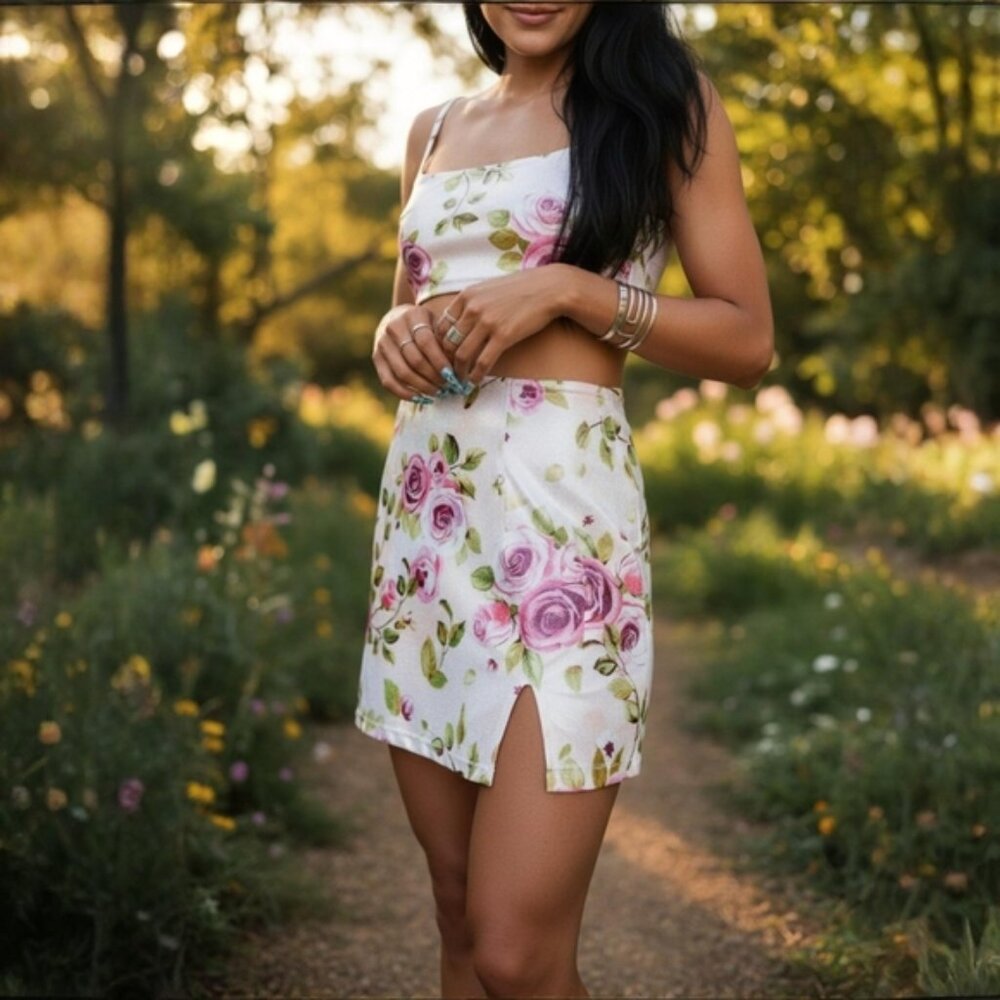 Treasure The Funk ✦ Pink Rose Mini Skirt ✦ Sparkly Metallic High Waist Bodycon M